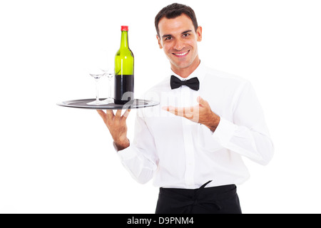 happy waiter holding tray of wine and glass Stock Photo