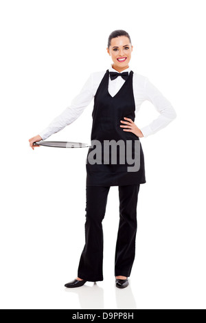 pretty young waitress with empty tray Stock Photo