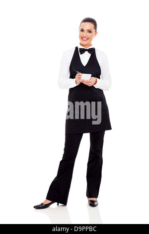 pretty young waitress taking orders isolated on white background Stock Photo