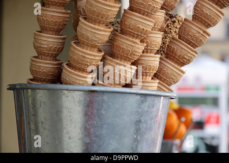 Ice cream cones stacked in an ice cream shop in Florence Stock Photo