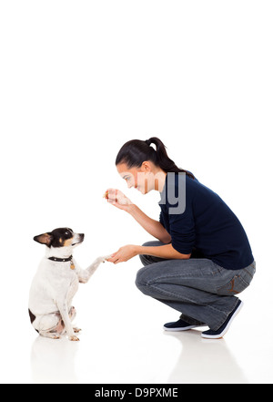 beautiful woman giving her pet dog food Stock Photo