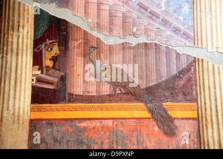 Villa of Poppea, tragic mask and peacock, remains of frescoes jewelry. Historic City Oplontis, Torre Annunziata, Campania, Italy Stock Photo
