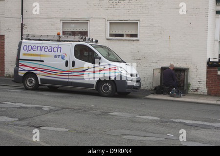 BT Openreach engineer working on a British Telecom Communication cabinet in the street in Sunderland, England. Stock Photo