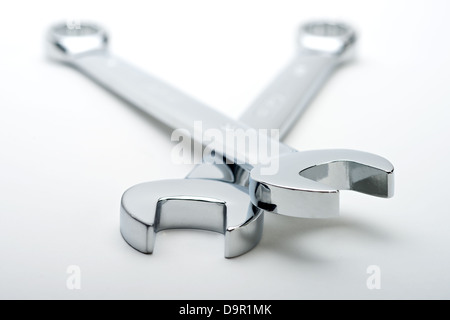 Chrome metal forkwrench on white background Stock Photo