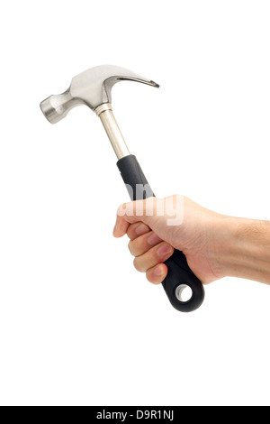 Hand holding a hammer on white background Stock Photo