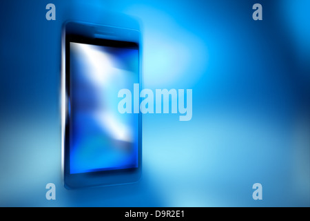 Black smart phone on blue defocus background, concept, template design Stock Photo