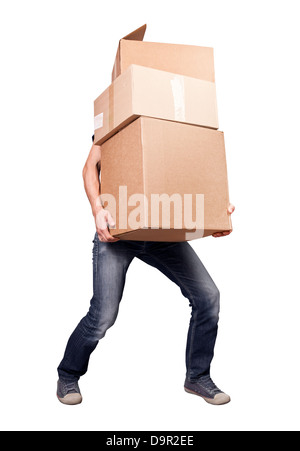 Man holding heavy card boxes, isolated on white Stock Photo