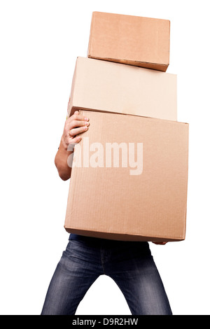 Man holding heavy card boxes, isolated on white Stock Photo