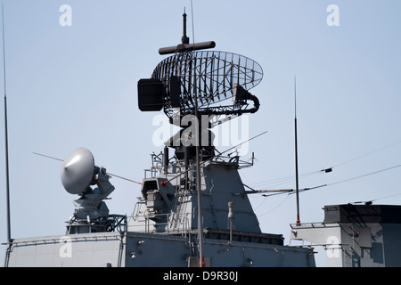 Radar of modern military ship Stock Photo