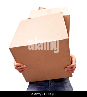 Man holding heavy card boxes, isolated on white Stock Photo