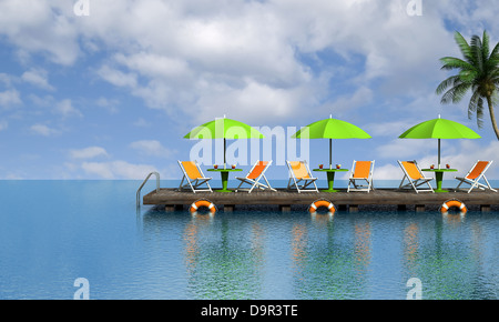 Deck chairs and parasol on a boardwalk - rendering Stock Photo