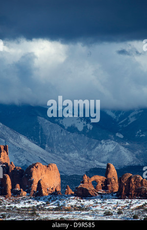 windows Section with the La Sal Mountains beyond, Arches National Park, Utah, USA Stock Photo