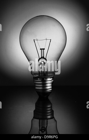 Big clear light bulb standing in black and white Stock Photo