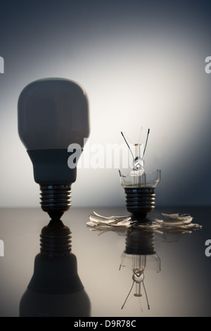 One economic bulb standing next to a broken clear light bulb Stock Photo