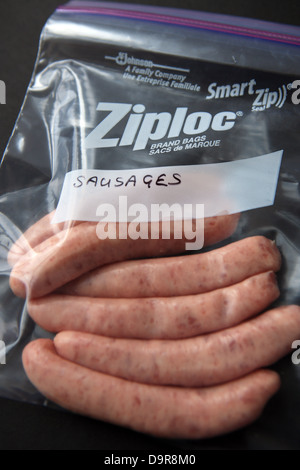 Sausages in Ziploc bag with the word sausages written on it Stock Photo