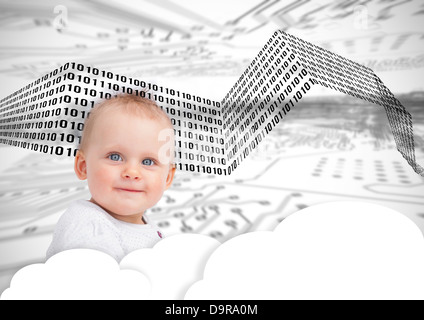 Portrait of a cute baby over clouds and binary codes Stock Photo