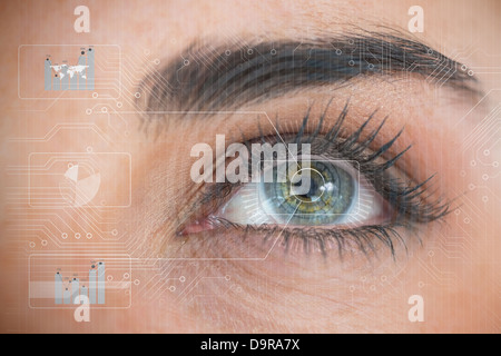 Beautiful woman eye analyzing chart interfaces Stock Photo