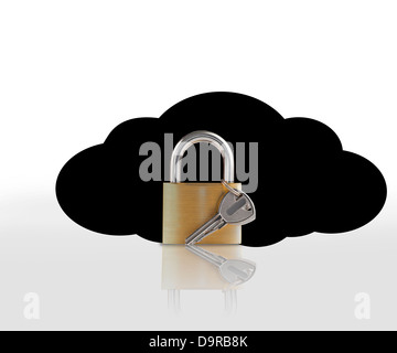 Padlock and key against black cloud Stock Photo