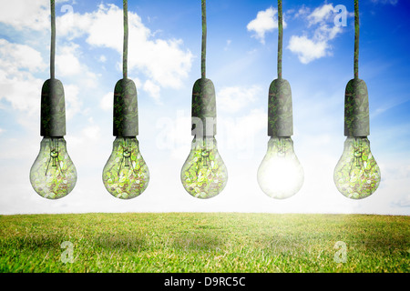 Light bulbs hanging in row Stock Photo