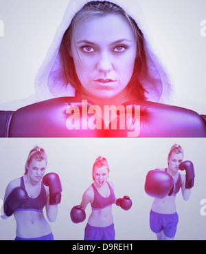 Purple collage of woman boxing Stock Photo