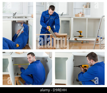 Collage of carpenter working Stock Photo