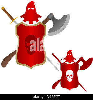 The executioner mask, a sword and an ax to commit penalty. Shield with a skull on it. The illustration on a white background. Stock Photo