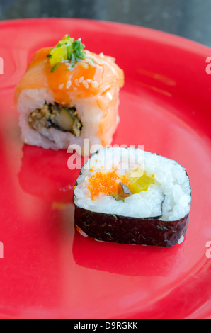 Sushi Roll with Shrimps and Conger, sushi roll with salmon Stock Photo