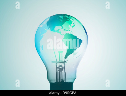 Light bulb with map of earth on its surface in blue and green Stock Photo