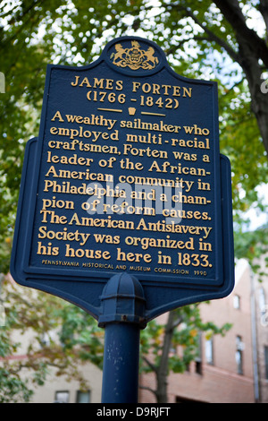 JAMES FORTEN (1766-1842) A wealthy sailmaker who employed multi-racial craftsmen, Forten was a leader of the African-American community in Philadelphia and a champion of reform causes. The American Antislavery Society was organized in his house here in 1833. Pennsylvania Historical and Museum Commission, 1990 Stock Photo