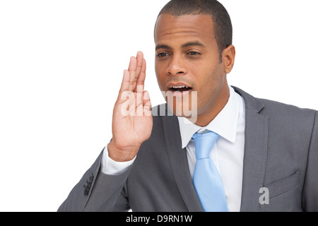 Business man calling for someone gesture Stock Photo
