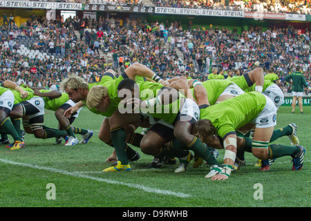 The Springbok pack practicing scrummaging during warm-ups before the rugby test against Scotland at Mbombela stadium Stock Photo