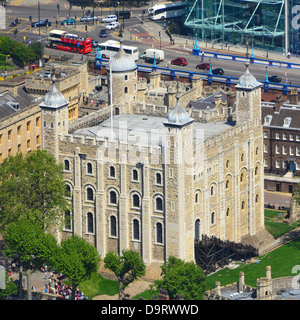 Aerial view of The historic White Tower built by William the Conqueror at The Tower of London from the view from the shard Southwark London England UK Stock Photo