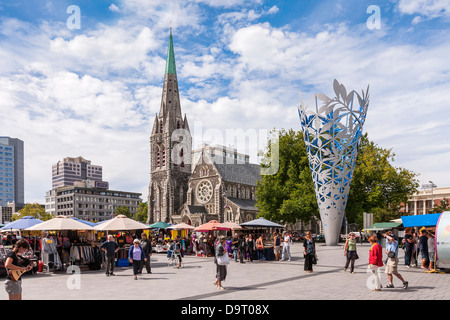 Street market in Cathedral Square, Christchurch, New Zealand. Taken on Feb 18th 2011, four days before the city was hit by... Stock Photo