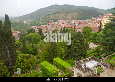 View over the gardens of Villa d'Este to the township of Tivoli Stock Photo