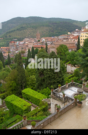 View over the gardens of Villa d'Este to the township of Tivoli Stock Photo