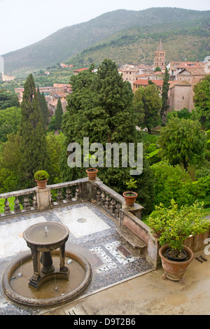 View over the gardens of Villa d'Este to the township of Tivoli Stock Photo