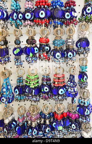 Greek 'evil eye' jewellery souvenirs, Lindos, Rhodes (Rodos), The Dodecanese, South Aegean Region, Greece Stock Photo