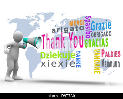 White figure revealing thank you in different languages with a megaphone Stock Photo