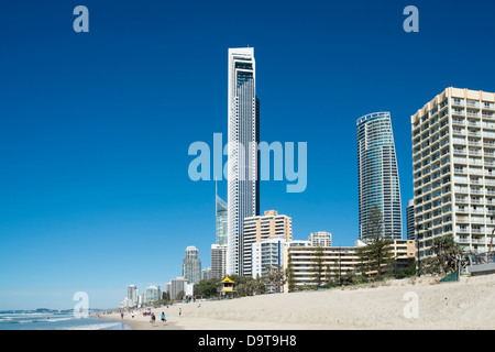 Skyline of Surfers Paradise town from beach on The Gold Coast in Queensland Australia