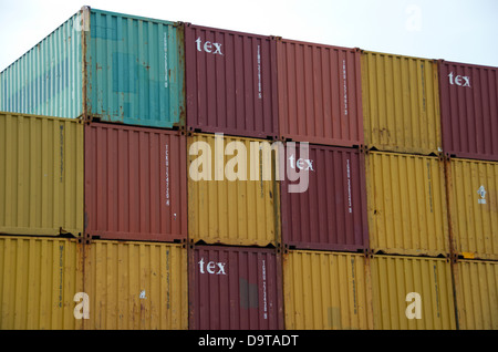 Shipping containers stacked in Tauranga (New Zealand). Stock Photo