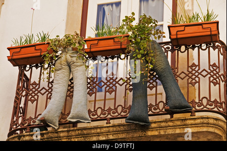 Trousers stuffed with earth sprouting plants, hanging from a balcony in Coimbra, Portugal. Stock Photo