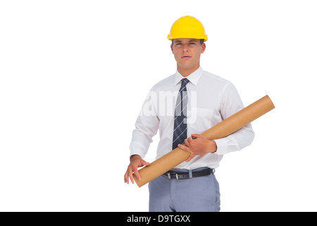 Architect holding a rolled up blueprint Stock Photo