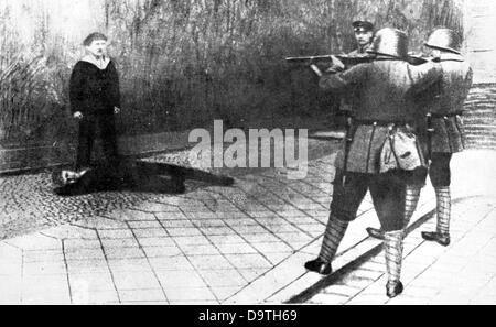 German Revolution 1918/1919: The contemporaneous depiction shows the execution of two unarmed sailors by government soldiers in Berlin, Germany, during the Märzkämpfe ('March Fights' - fights which ensued from nation wide demonstrations of workers for the revolutionary cause). The image appeared in the context of the reporting on the Marloh trial: The government offices Otto Marloh had ordered the execution of thirty members of the Volksmarinedivision of Berlin, an armed division of sailors of the former Imperial Navy which supported the revoutionar efforts in Berlin. During the trial, the Mar Stock Photo