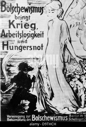 German Revolution 1918/1919: Poster of the Antibolschewistische Liga (Anti Bolshevist League) with the slogan 'Bolshevisim brings war, unemployment, and famine'. The poster depicts an angel with an olive branch and a paper roll with the word 'National Assembly', who is standing in front of soldiers and civilians. The angel is threatened by a stylized revolutionary carrying a bomb and a knife in his hands. Fotoarchiv für Zeitgeschichte Stock Photo