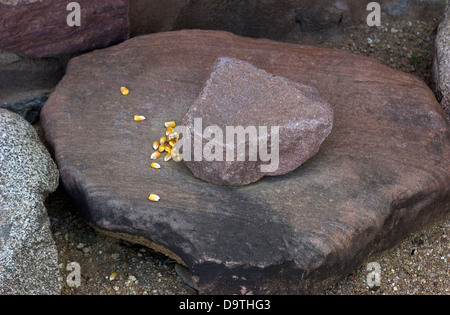 Maize grinding stones at Besh-Ba-Gowah Archaeological Park, a multi-storied Salado village inhabited circa 1225-1400 AD, Arizona. Digital photograph Stock Photo