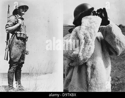Contrasting of two soldier's images: on the left, a soldier of the German Africa Corps in Africa, and on the right, a soldier of the German Wehmacht on the Eastern Front in Russia, published 28 February 1942. Place unknonw. The Nazi Propaganda! on the back of the image reads: ' Always ready. Be it under the hot African sun or the frosty winds of the long Eastern Front - our soldiers are always ready for fighting until the final victory. Our image on the left shows a soldier of the German Africa Corps as a post in front of an encampment of the German Africa soldiers. Attentively and excitedly,  Stock Photo