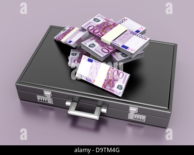 A Briefcase and Euros in Cash. 3D rendered Illustration. Stock Photo