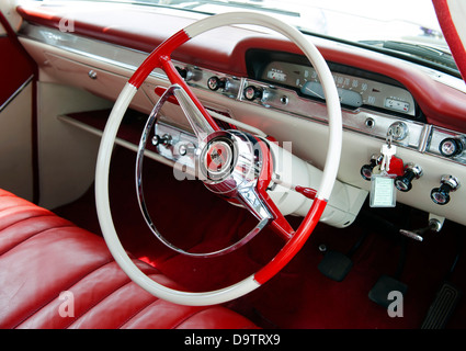 Inside a vintage car at Camber Sands, Rye, East Sussex, UK Stock Photo