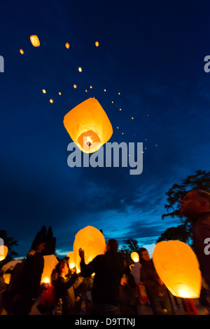 the lanterns flying in the night Stock Photo