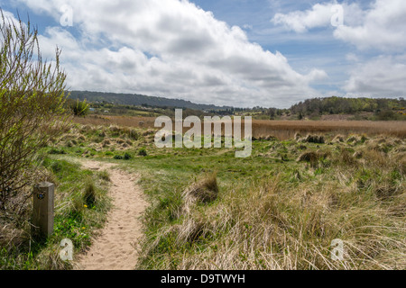 View from a location just off lligwy beach on the Isle of Anglesey , looking in land with distant hills. Stock Photo